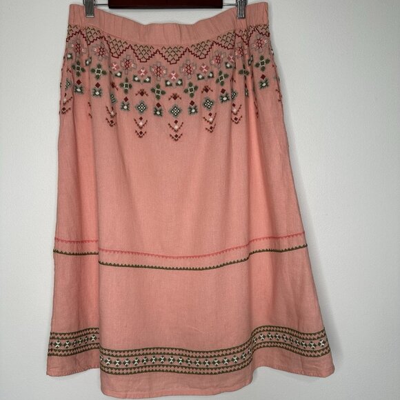 Denim & Co Canyon Retreat Oasis Midi Skirt Medium Linen Embroidered - Picture 2 of 10